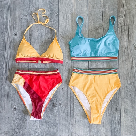 NBW MODCLOTH Red and Yellow High Waisted Swimsuit Bikini - Picture 2 of 7